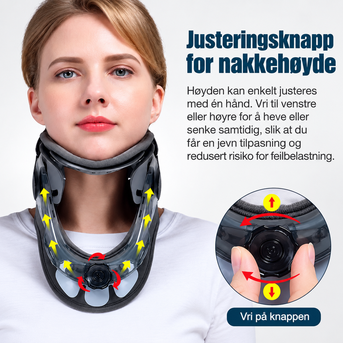 Justerbar nakkestøtte med trekk- og strekkfunksjon