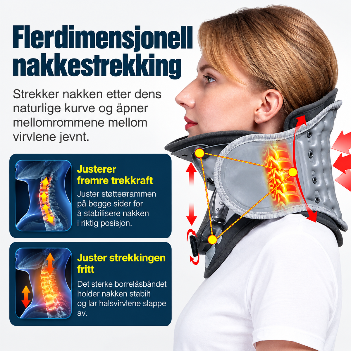 Justerbar nakkestøtte med trekk- og strekkfunksjon